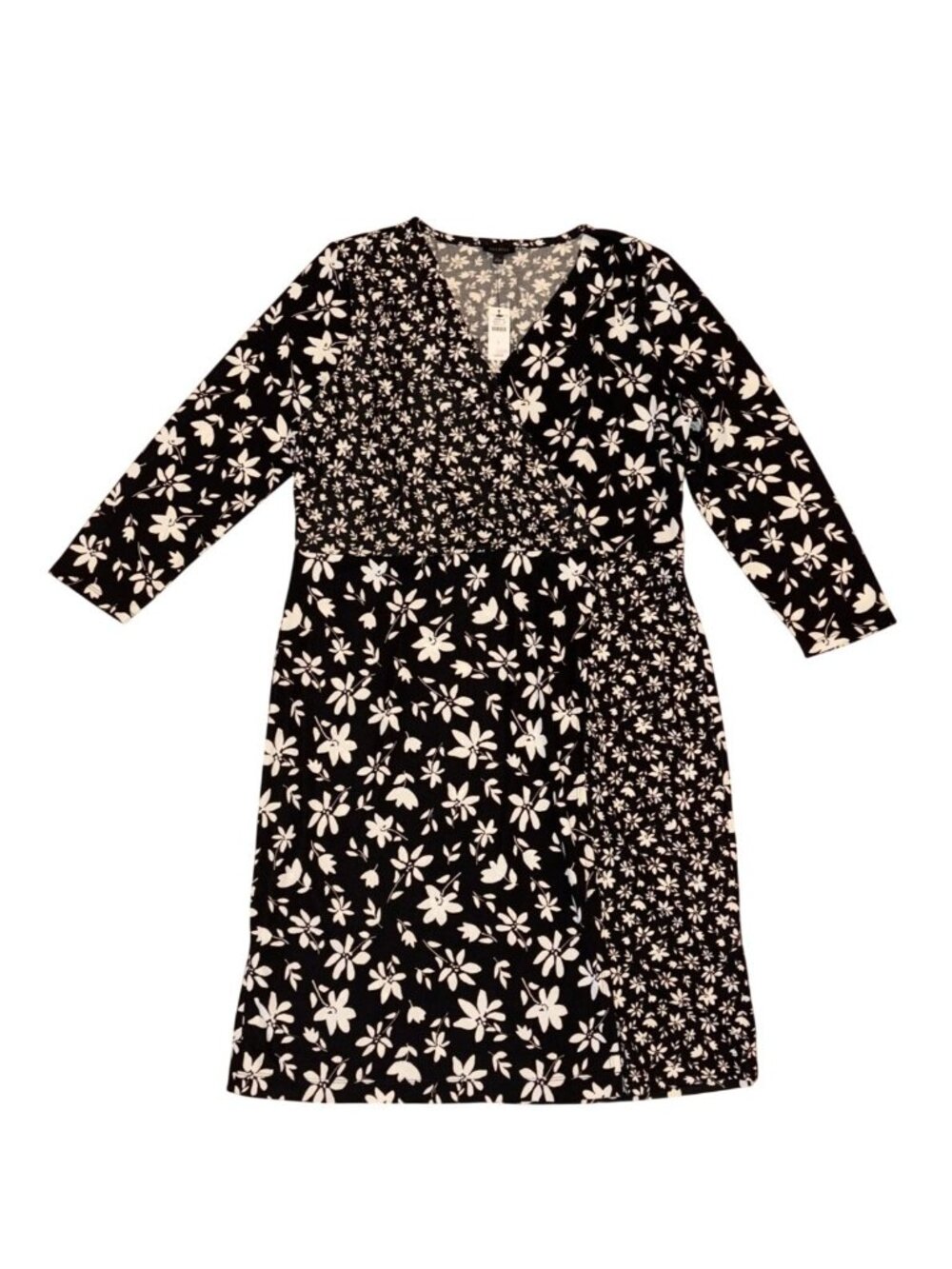 Talbots Dress Women's Black White Floral 3/4 Sleeve Faux Wrap Midi Size XL NEW